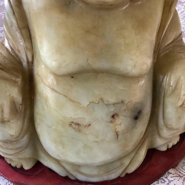 Monumental Antique Chinese Jade-Like Happy Buddha Sculpture on Custom Wooden Base, One-Piece Hand-Carved Jade | Symbol of Prosperity & Joy For Sale - Image 4 of 12