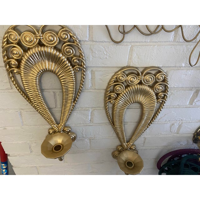 Wood 2 VTG Egyptian Inspired Ornate Faux Wicker & Rattan Scrolled Homco Candle Holders Set, Wall Hanging Decorative Candle Votives Gilded Gold Wall Sconces For Sale - Image 7 of 11