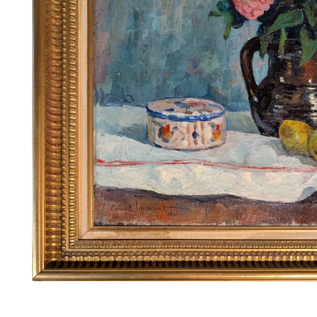 French Normandy School Post-Impressionist Oil on Canvas Still Life Flowers Fruit by Franck Innocent, 1941 For Sale In Portland, OR - Image 6 of 13