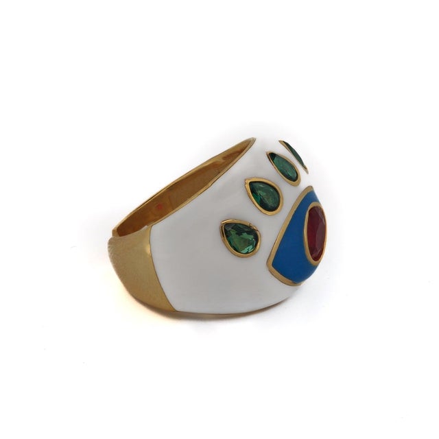 Guardian Ruby & Emerald Evil Eye White Enamel Adjustable Ring For Sale - Image 4 of 10