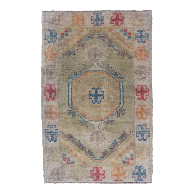 Reproduction Turkish Oushak Rug With Vibrant Multicolor Motifs For Sale