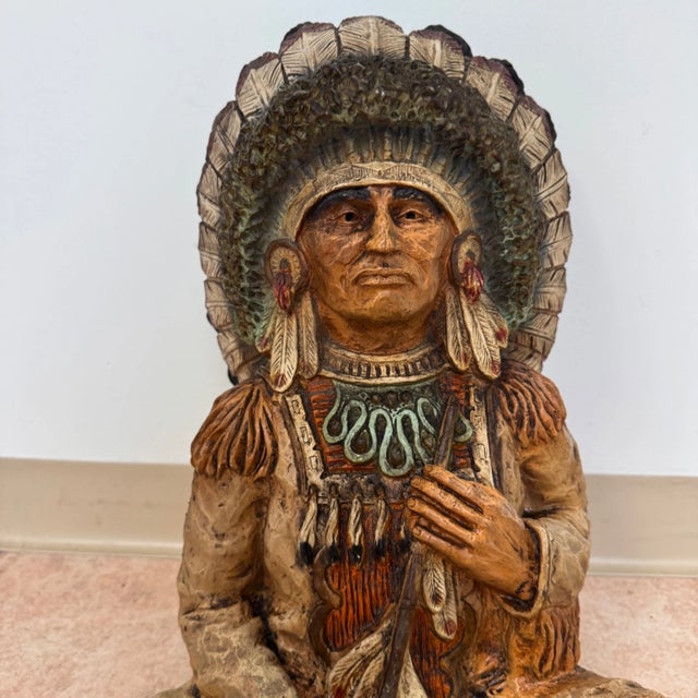 Vintage 1973 Hand Carved Wood Native American Indian Chief Statue 24" Signed For Sale - Image 9 of 14