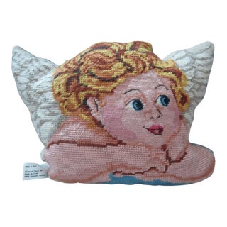 Vintage Golden Hair Angel Needlepoint Decorative Pillow Velvet Back For Sale