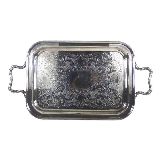 Vintage Large Butler’s Tray Silver Plated Rectangular Handled Platter Primrose Plate Handles Embossed Patina Serving Bar Drinks For Sale