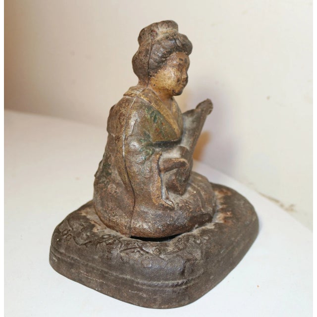 Rare Antique Hubley Cast Iron Japanese Girl Instrument Heavy Figural Doorstop For Sale In New York - Image 6 of 12