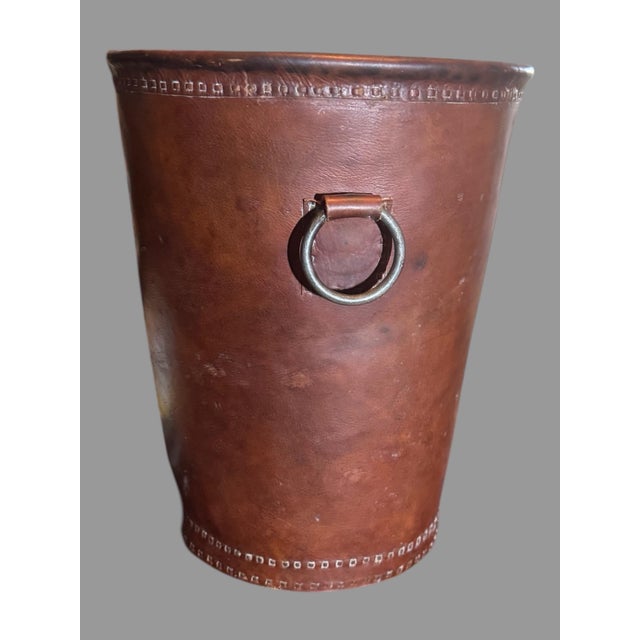 Vintage Antique 13" Leather Stitched Waste Basket Can with Ring Handles In good original condition showing some typical...