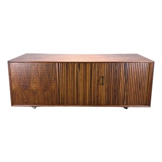 1960s Mid Century Modern Tambour Door Walnut Credenza / Media Cabinet / Bar Cabinet For Sale