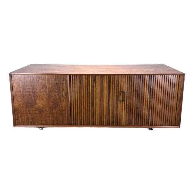 1960s Mid Century Modern Tambour Door Walnut Credenza / Media Cabinet / Bar Cabinet For Sale