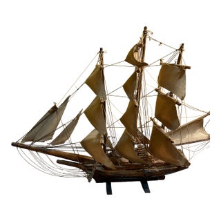 Vintage Handcrafted 3 Masted Wooden Ship Model With Fabric Sails For Sale