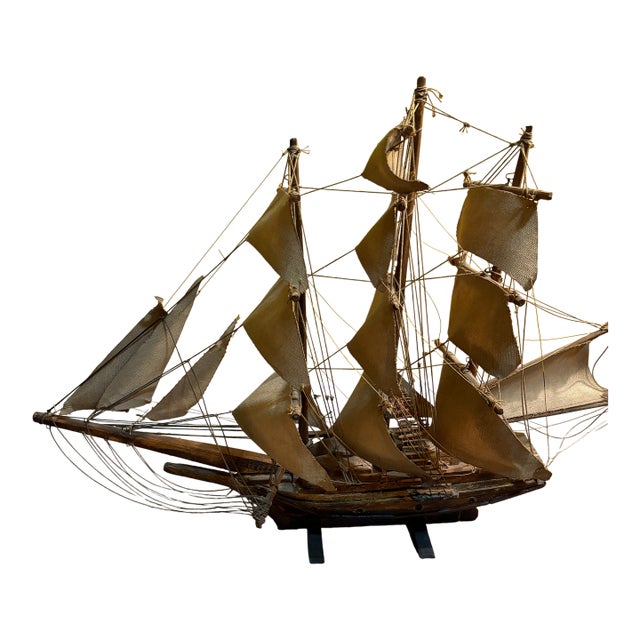 Vintage Handcrafted 3 Masted Wooden Ship Model With Fabric Sails For Sale