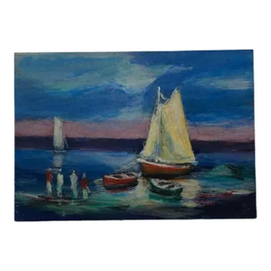 Early 21st Century Argentine Small Oil on Board “Boats on the Lake” Artist Signed