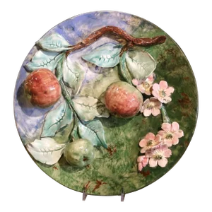 19th Century French Ceramic Barbotine Wall Platter With Apples Signed Longchamp