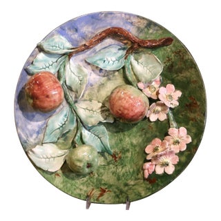 19th Century French Longchamp Barbotine Majolica Wall Platter With Apples For Sale