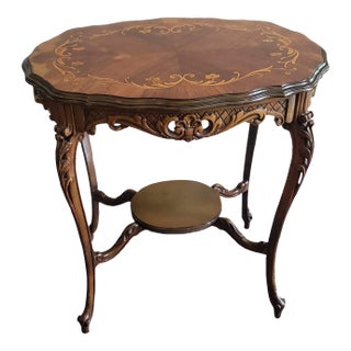 French Louis XIV Style Carved Mixed Fruitwood Marquetry Side Table For Sale