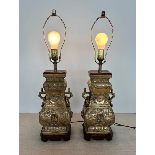 Vintage Pair Asian Archaic Brass Urn Lamps James Mont Style With Linen Shades For Sale - Image 12 of 15