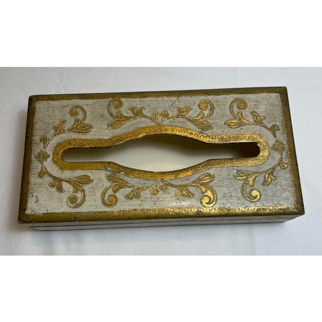 Vintage Florentine Gilt Wood Tissue Box, hand painted in gold and white. Hinged lid. Scalloped, quilted design on bottom....
