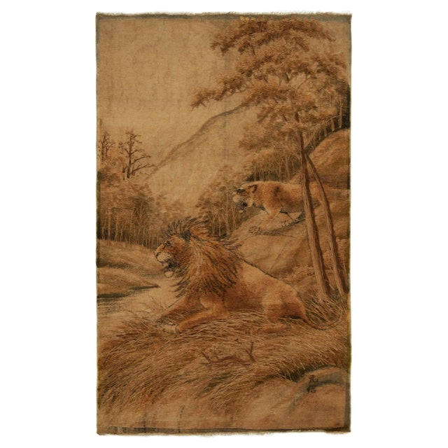 Textile Handwoven Antique Japanese Tapestry in Beige-Brown Lion Pictorials For Sale - Image 7 of 7
