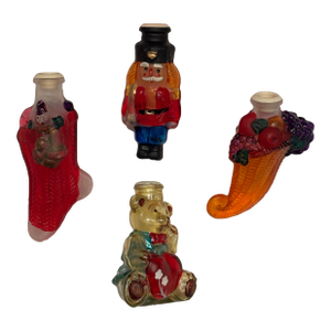 All 4, 1-Price- Vintage Glass Christmas Light Covers- Teddy, Nutcracker, Stocking & Horn 'O Plenty