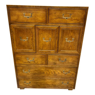 1970s Henredon Mid-Century Modern Campaign Style Highboy Dresser With Double Door Compartment For Sale