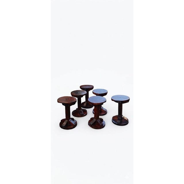 Brown Studded Wooden Stools, 1970s, Set of 6 For Sale - Image 8 of 9