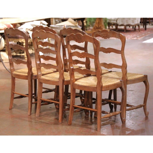 Set of Six French Ladder Back Oak Dining Chairs With Rush Seat From Normandy For Sale - Image 13 of 14