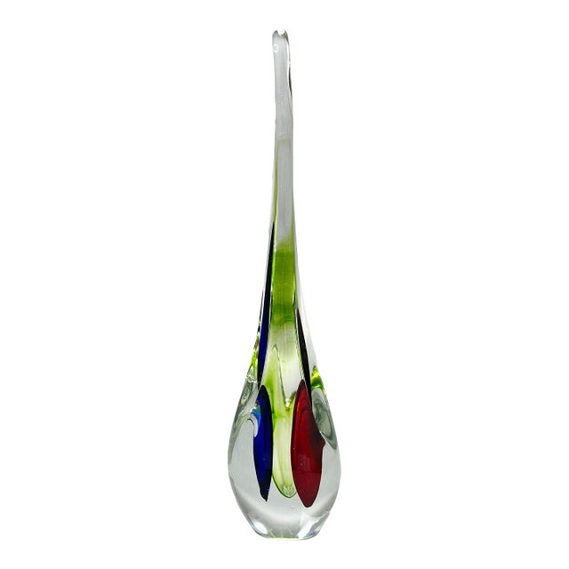 Vintage 1960’s Murano Attributed Clear With Tri Color Sommerso Teardrop Sculpture For Sale