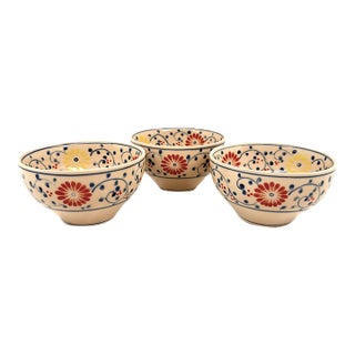 Set of 3 Bat Trang Vietnamese Ceramic Multipurpose Bowls Hand Painted in Red Yellow and Blue Floral Motifs For Sale