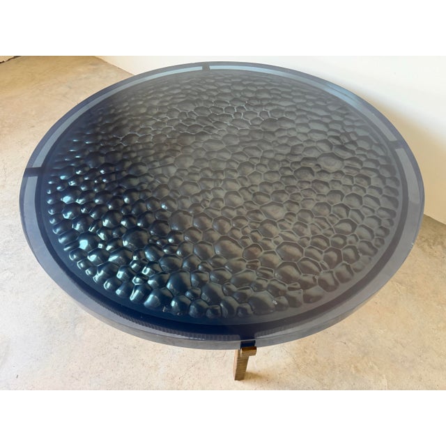 Modern Modern Donghia Sculptural Bronze Base & Ribbed Blue Lucite Coffee Table For Sale - Image 3 of 12