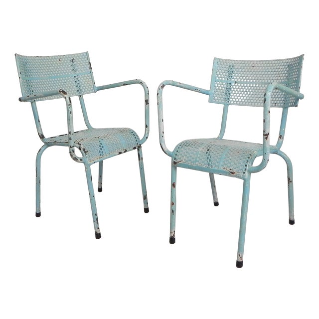 Industrial Steel Garden Chairs with Armrests, 1950s, Set of 2 For Sale