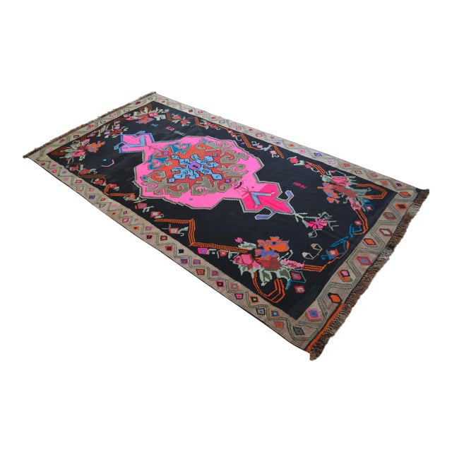 Handwoven Turkish Kilim Rug Anatolian Tribal Pink Rug - 6′5″ X 12′10″ For Sale