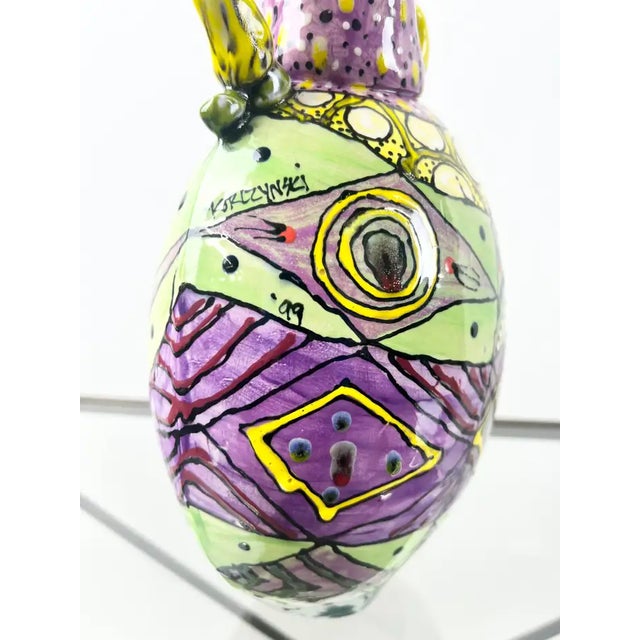 Abstract Studio Multi-Color Hand Painted Ceramic Vase Signed & Dated 1999 For Sale - Image 13 of 17