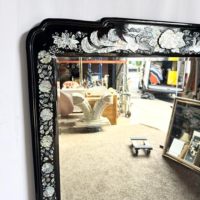 Mid 20th Century Asian Black Lacquered Mother of Pearl Inlay Vanity/Dressing Cabinet With Mirror For Sale - Image 5 of 12