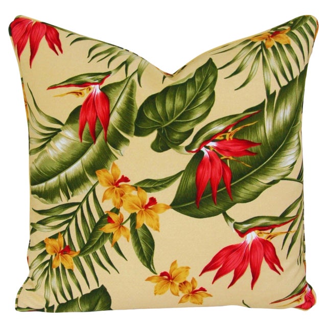 Early 21st Century Custom Tropical Floral Barkcloth Feather/Down Pillow Cover 20" Square For Sale - Image 5 of 5