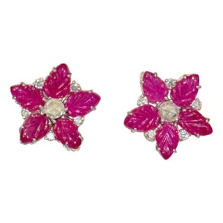 Tutti Frutti Earrings Natural Ruby Carved Leaves & Diamond Earrings in 18 KWG For Sale