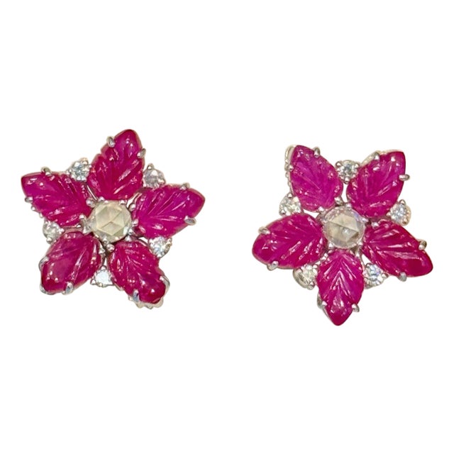 Tutti Frutti Earrings Natural Ruby Carved Leaves & Diamond Earrings in 18 KWG For Sale