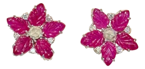 Tutti Frutti Earrings Natural Ruby Carved Leaves & Diamond Earrings in 18 KWG