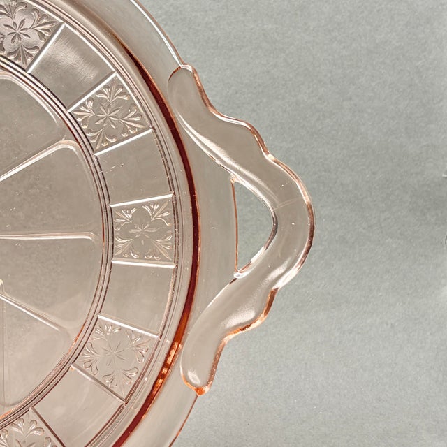 “Vintage Pink Depression Glass Handled Cake Plate in Jeanette Glass “Doric” Pattern” For Sale - Image 9 of 10
