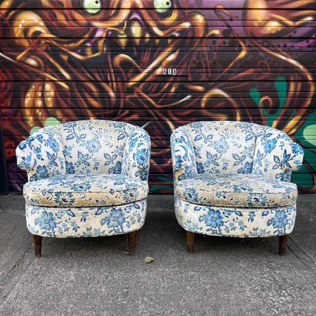 Vintage Barrel-Back Blue Floral Armchair For Sale In Cleveland - Image 6 of 12