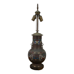 Japanese Champleve Bronze Cloisonne Enameled Mantel Vase Urn Table Lamp 26"