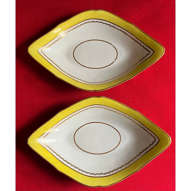 Early 19th Century Large Antique Early 19th Century English George III Derby Porcelain Navette Shape Dishes With Yellow Border Circa 1800 - A Pair For Sale - Image 5 of 13