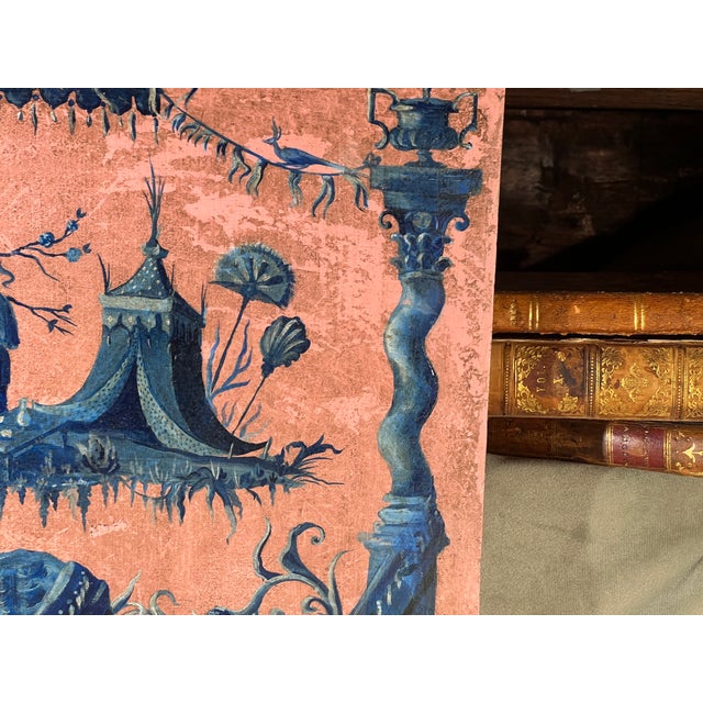 French Chinoiserie Chic Style Blue on Pink Whimsical Oil on Wood Panel Painting For Sale - Image 4 of 12