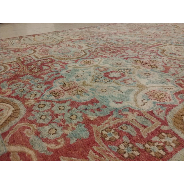 Antique Kerman Handmade Persian Wool Light Blue, Beige & Coral Rug For Sale - Image 4 of 10
