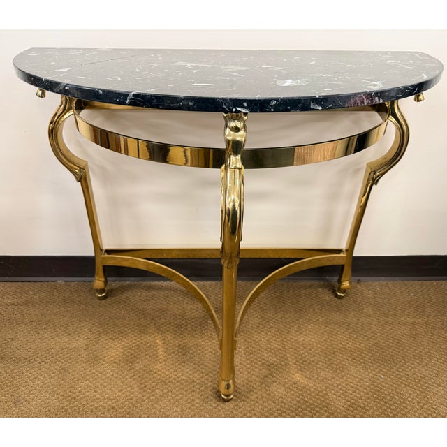 Hollywood Regency Maison Jansen Style Brass and Black Marble Demilune Console Table For Sale - Image 3 of 6