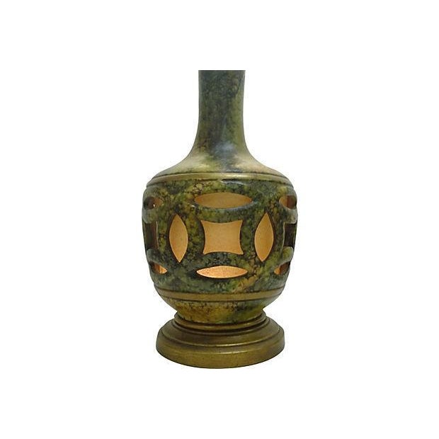 Mid-Century Ceramic Olive Green Mottled Finish Lamp For Sale - Image 4 of 5