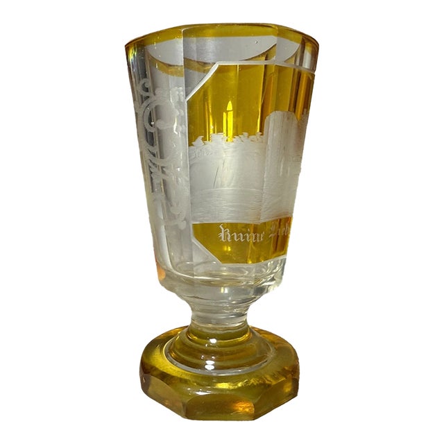 Antique Handmade Engraved German Yellow Cut to Clear Glass Vase Cup Chalice For Sale