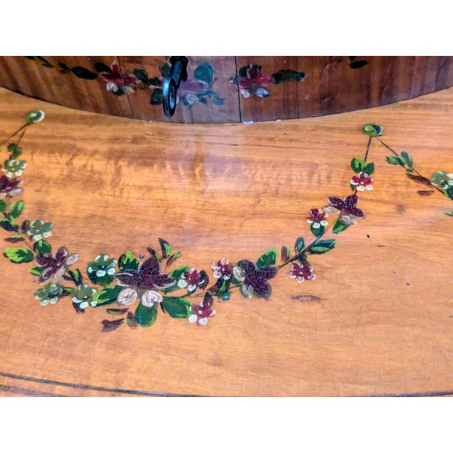 Traditional Unique Edwardian Antique Satinwood 2-Tier Parlour Side Table W/ Hand Painted Floral Garlands & Center Display For Sale - Image 3 of 9