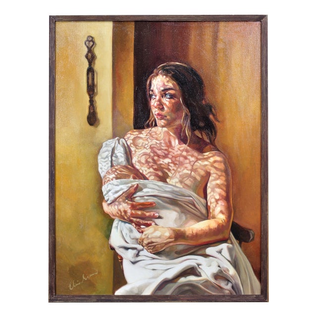 Elin Sian Blake, First Light, Mother & Baby with Welsh Blanket, 21st Century, Oil on Canvas For Sale