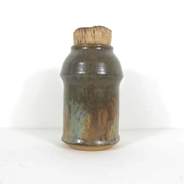 Farmhouse Vintage Earth Tone Handmade Boho Signed Studio Pottery Jar or Pot With Cork Lid Ceramic Canister For Sale - Image 3 of 10