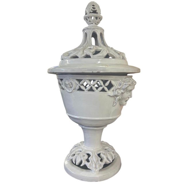 Italian Large Mid-Century Italian White Glazed Ceramic Covered Urn With Cherub Medallions For Sale - Image 3 of 11