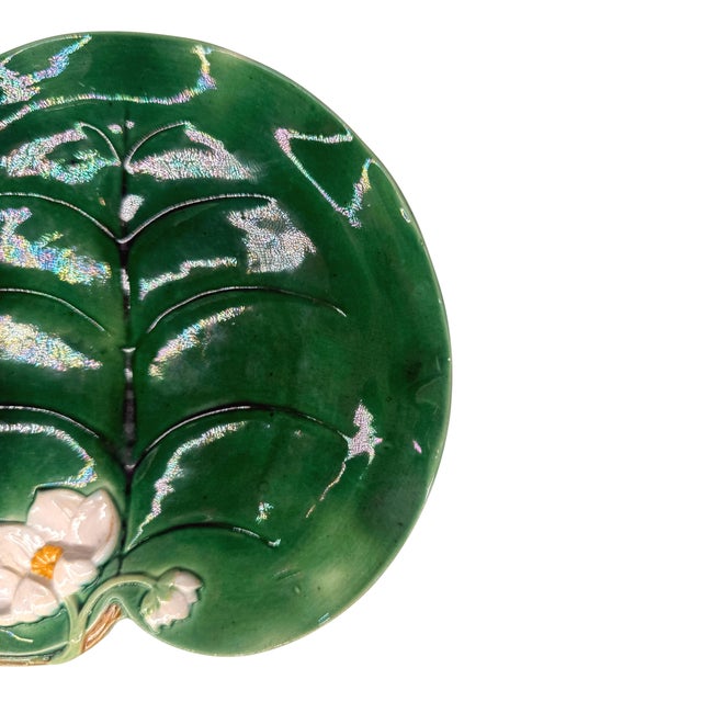 Victorian George Jones Majolica Water Lily Plate Glazed in Lush Greens, English, Ca. 1869 For Sale - Image 3 of 8